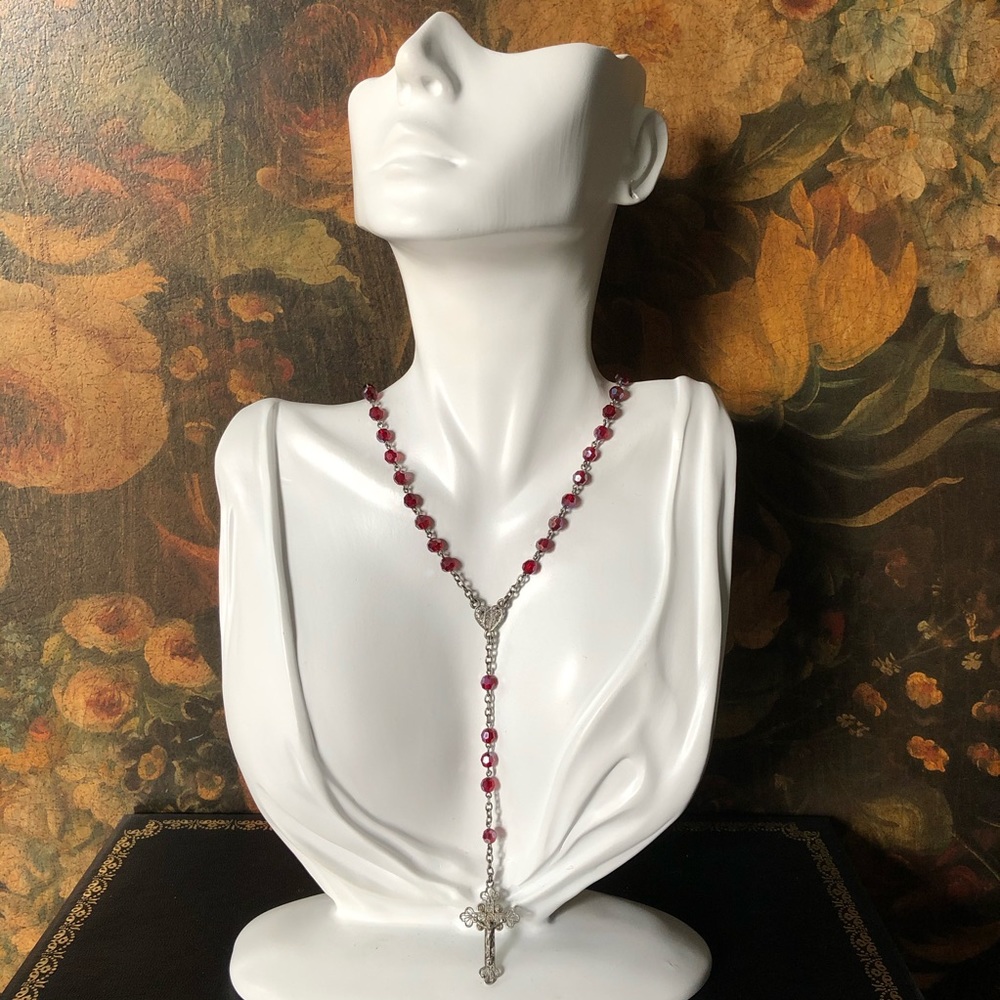 Vintage Silver Tone Red Rosary Necklace
